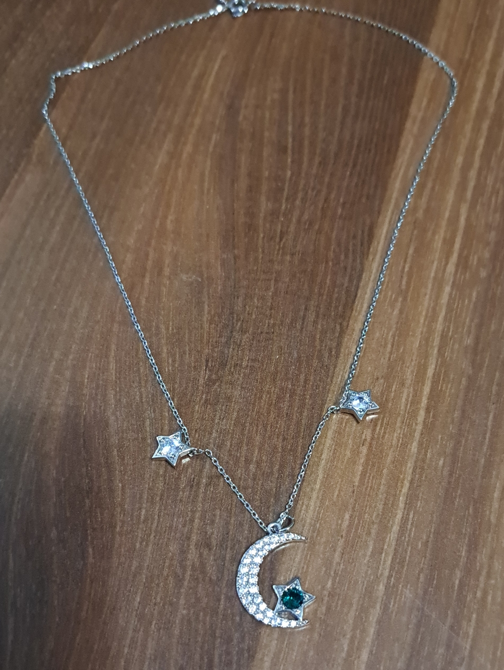 Celestial Moon & Star Pendant Necklace with Green Accent